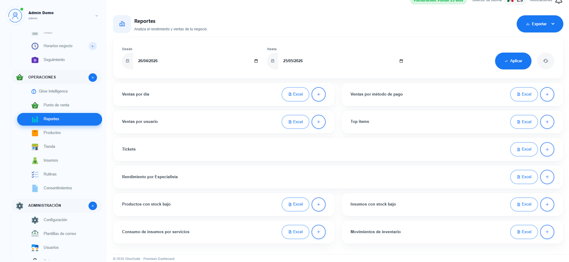 Reportes GlowSuite